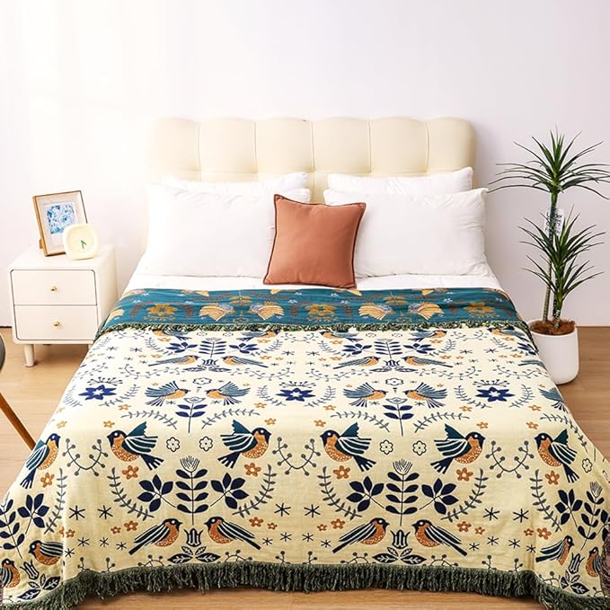 Boho Throw Blanket, 100% Organic Cotton Breathable Ultra Soft 80" x 90" Bed Quilt Throw - Floral Rustic Bird Farmhouse Decor Luxury Reversible Blanket for Sofa Couch Chair and Gift,Teal/Beige