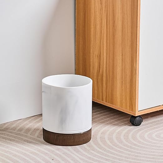 Polytree White Marble and Brown Wood Round Wastebasket, Resin Small Round Bathroom Trash Can 2.5 Gal(9 Liter) Small Kitchen Garbage Can,Living Room Bedroom Trash Can, Decor Wastebasket for Home Office