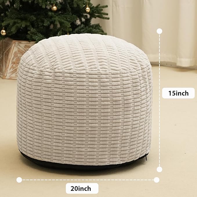 Round Stuffed Pouf Ottoman for Foot Rest, Storage Ottoman Pouf Foot Stool Cushion, Faux Fur Poufs with Foam Chunk Filling, 20 X 15 Inch Floor Chair for Living Room Bedroom Home Decor, Beige