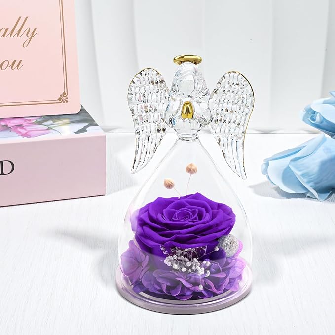 Yamonic Mom Birthday Gifts for Mom Grandma, Angel Figurines with Real Rose Gifts for Women Moms, Preserved Flowers Rose Glass Angel for Mothers Day Christmas Valentine's Day Gifts for Her(Purple)