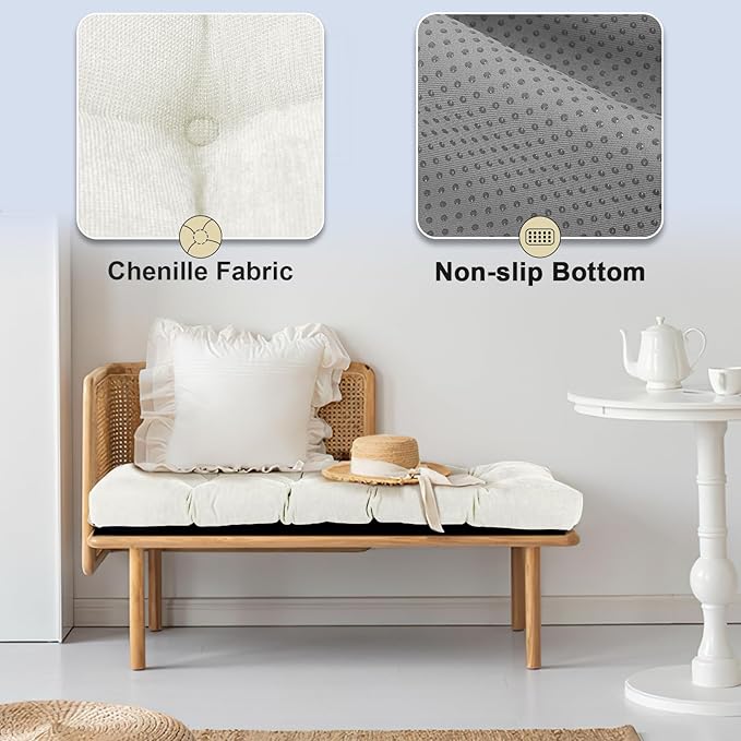 Bench Cushion 42 Inch - Chenille, High-Density Memory Foam, Non-Slip Bottom, Soft Durable Indoor Tufted Long Seat Cushion for Window Garden Furniture (White, 42x16x4 Inch)