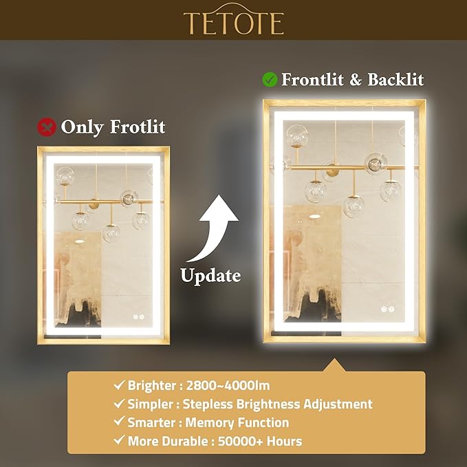 TETOTE 60 x 28 Bathroom Mirror Brushed Gold Metal Frame Frontlit & Backlit Vanity Mirror 3 Colors White/Warm/Natural Stepless Dimmable Anti-Fog Bathroom Mirrors for Vanity Wall-Mounted