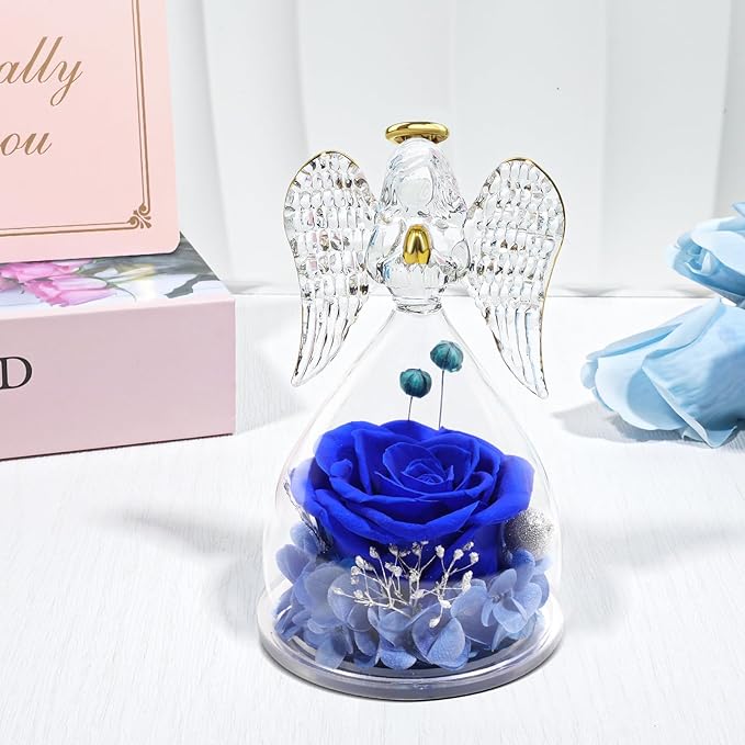 Yamonic Mom Birthday Gifts for Mom, Angel Figurines with Real Rose Gifts for Her Mom Grandma,Preserved Flowers Rose Angel Figurines for Mothers Day Christmas Anniversary Birthday Gifts for Her (Blue)