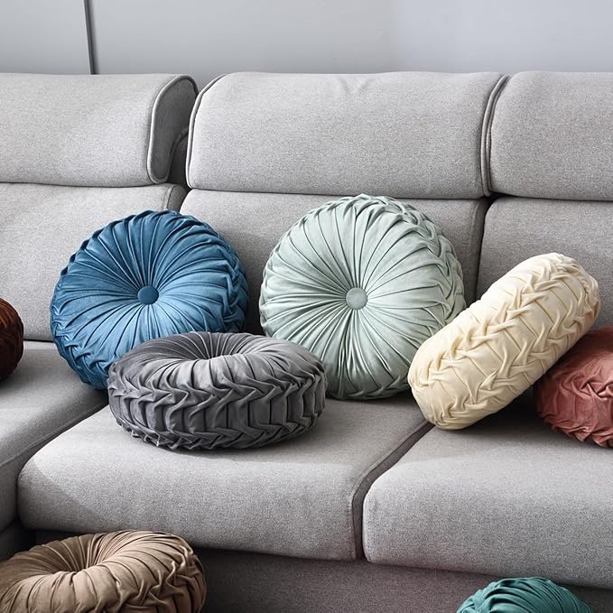 1 Pcs Round Throw Pillow Velvet Home Decoration Pleated 3D Pumpkin Pillow Cushion for Couch Chair Bed Car 14.17" (Green)