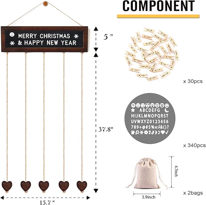 Felt Letter Board with 340 Letters and 30 Clips - Rustic Picture Frames Collage Wall Decor Sign - Multi Photos Cards Organizer 15.7x5 Inches (Walnut)