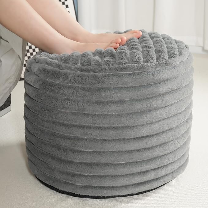 Pouf Ottoman Stuffed Round for Foot Rest, Faux Fur Poufs with Foam Chunk Filling, Storage Ottoman Pouf Foot Stool Cushion, 26 X 18 Inch Floor Chair for Living Room Bedroom Home Decor, Light Gray
