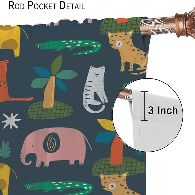 Nursery Safari Animals Curtains Baby Boy Kids Woodland Jungle Forest Lion Elephant Printed Curtains for Living Room Bedroom Window Drapes Fabric 2 Panels 42 (W) X 54(H) Inch