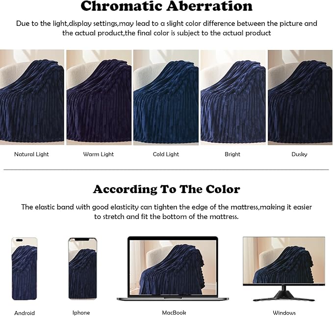 NEWCOSPLAY Super Soft Queen Blanket Dark Navy Premium Silky Flannel Fleece 3D Ribbed Jacquard Lightweight Bed Blanket All Season Use (Dark Navy Ribbed, Queen(90"x90"))