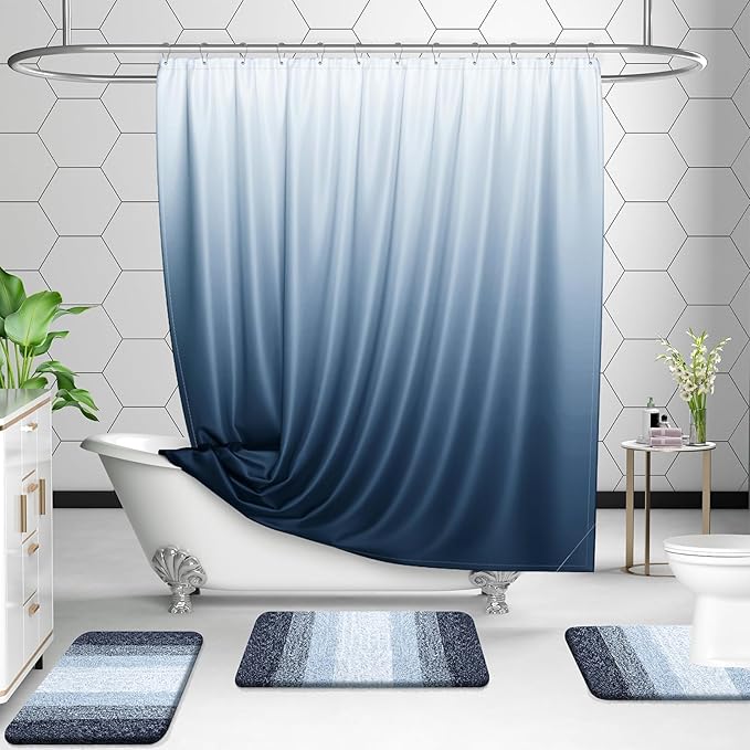 OLANLY Bathroom Rug Set 2 Piece, Soft Absorbent Microfiber Bath Mats and U-Shaped Contour Toilet Rug, Non-Slip, Machine Wash Dry, Plush Shaggy Bath Mats for Bathroom (30"x20"+24"x20", Dark Blue)