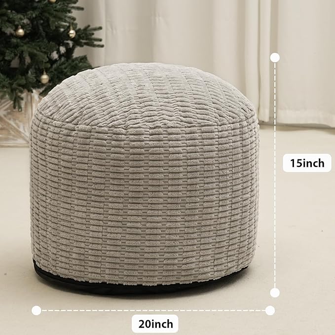 Round Stuffed Pouf Ottoman for Foot Rest, Storage Ottoman Pouf Foot Stool Cushion, Faux Fur Poufs with Foam Chunk Filling, 20 X 15 Inch Floor Chair for Living Room Bedroom Home Decor, Light Gray