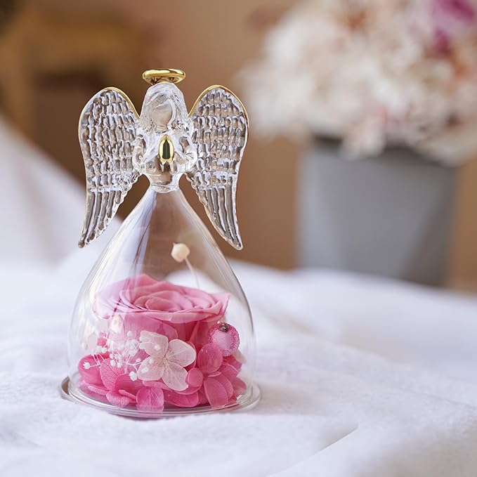Yamonic Mom Birthday Gifts for Mom, Angel Figurines with Real Rose Gifts for Her Mom Grandma,Preserved Flowers Rose Angel Figurines for Mothers Day Christmas Anniversary Birthday Gifts for Her (Pink)