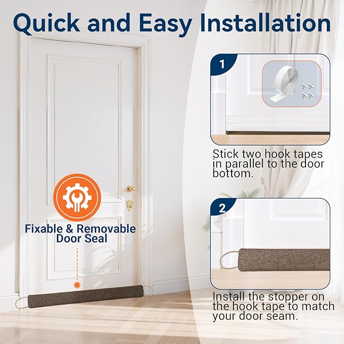 Door Draft Stopper for Bottom of Door, 36’’ Heavy Duty Under Door Draft Blocker Gap Filler, Door Seal for Noise Light Cold Air, with Adhesive Strips, Brown