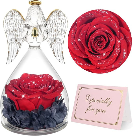 Yamonic Christmas Birthday Gifts for Mom, Angel Figurines with Real Rose Gifts for Her Mom Grandma, Preserved Rose in Glass Angel Figurines for Mothers Day Valentine's Day Gifts for Women (Red Sky)