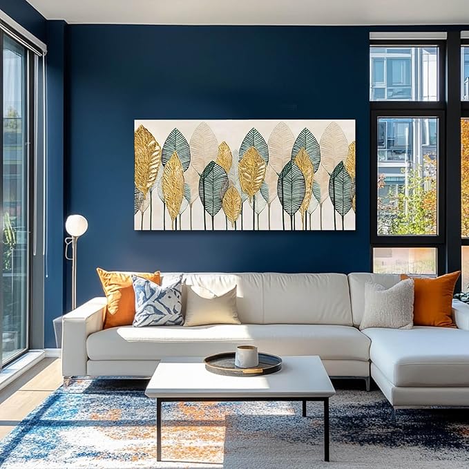 CHUDANHAO Green Wall Art Gold Wall Decor Leaves Prints Pictures Textured Bedroom Decor Line Painting Green Paintings Wall Decorations 24”x48” Artwork for Living Room Dining Room