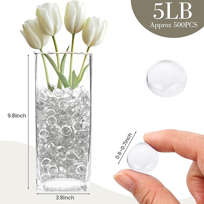 FUTUREPLUSX 5 Lb Clear Flat Glass Marbles, 500PCS Clear Flat Gems Transparent Aquarium Pebbles Vase Filler Beads Table Scatters