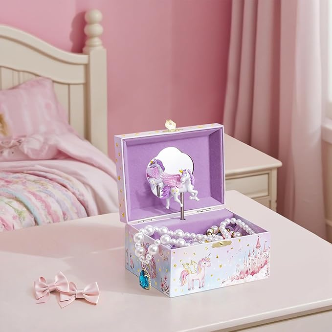 Lolalet Unicorn Music Jewelry Box for Girls, Kids Musical Jewelry Boxes with Spinning Unicorn Doll, Cute Children's Jewelry Storage Organizer Gift for Little Girls Age 3-8 -Pink (Box Only)