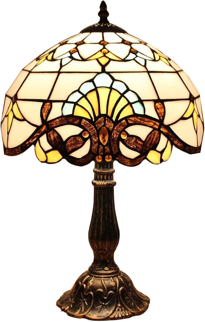 Bieye L10641 Baroque Tiffany Style Stained Glass Table Lamp Night Light with 12 inches Wide Lampshade Metal Base for Bedside Living Room Bedroom, Brown, 18-inch Tall