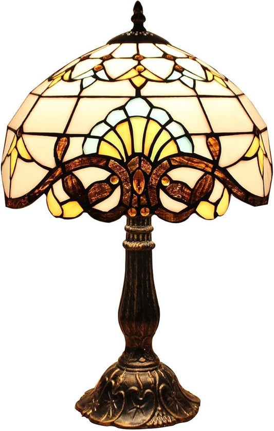 Bieye L10641 Baroque Tiffany Style Stained Glass Table Lamp Night Light with 12 inches Wide Lampshade Metal Base for Bedside Living Room Bedroom, Brown, 18-inch Tall