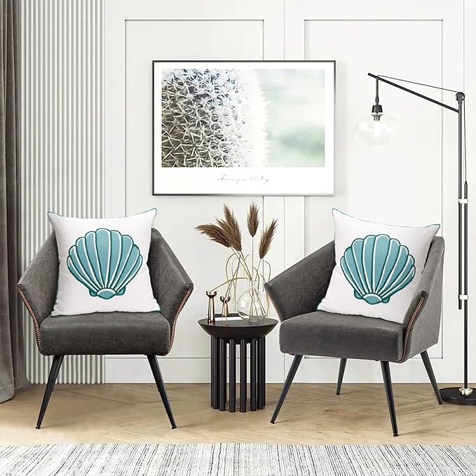 1 PCS Embroidered Throw Pillow Cover Cotton Decorative Square Cushion Cases for Home Sofa Bed and Chair 18 x 18 Inch (Blue Sea Shell-2)