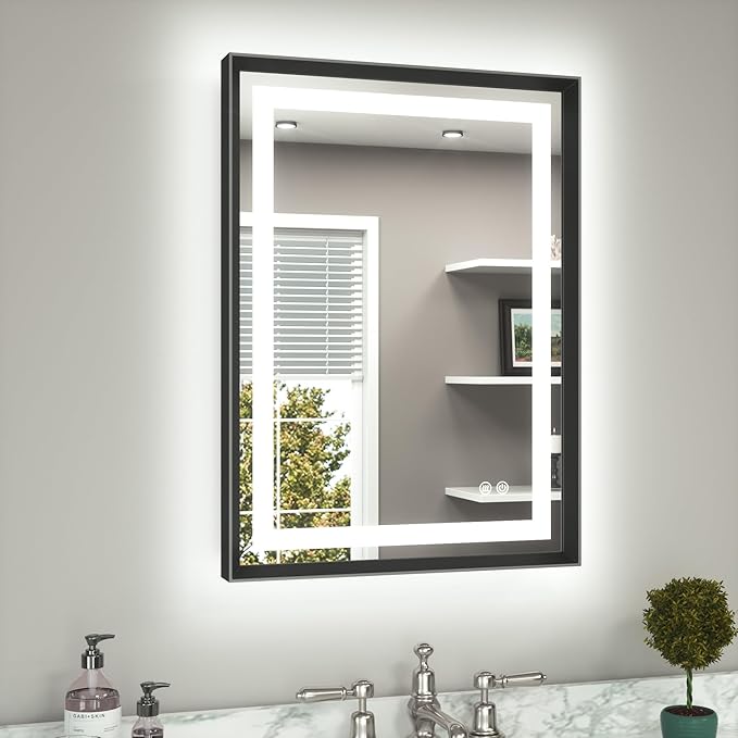 TETOTE 22 x 30 Bathroom LED Mirror Brushed Black Metal Frame Frontlit & Backlit Vanity Mirror Anti-Fog Stepless Dimmable 3 Colors White/Warm/Natural Mirror with Lights Wall-Mounted