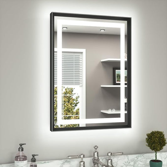 TETOTE 22 x 30 Bathroom LED Mirror Brushed Black Metal Frame Frontlit & Backlit Vanity Mirror Anti-Fog Stepless Dimmable 3 Colors White/Warm/Natural Mirror with Lights Wall-Mounted