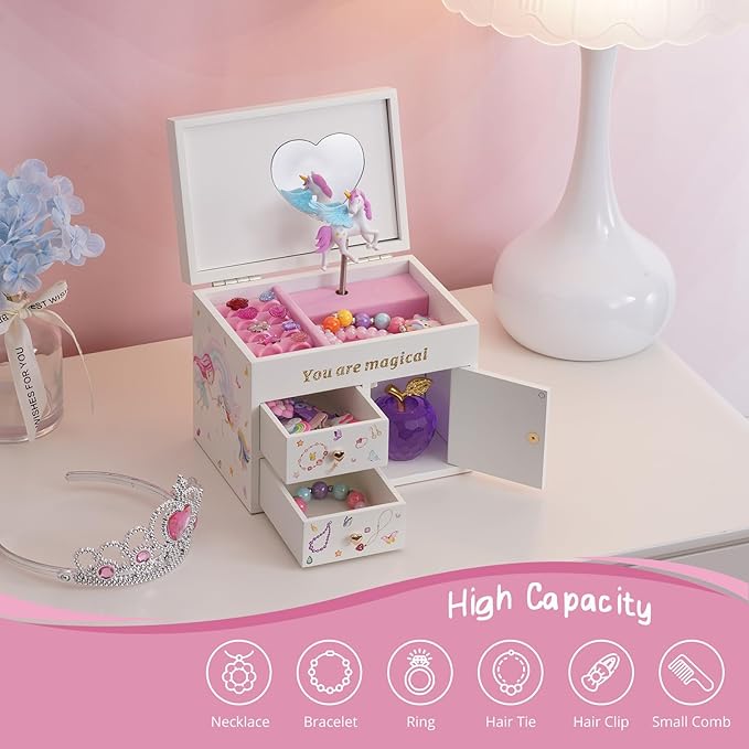 Lolalet Wooden Jewelry Box with Unicorn for Girls, Musical Children's Jewelry Organizer, Gift for Toddler Age 2 3 4 5 6 7 8 9 on Birthday -White