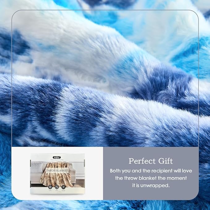 Krifey Blue Faux Fur Blanket, Super Soft Cozy Blanket, Luxury Fluffy Throw Blanket Warm Plush Bed Throw Tie Dye Blue 50" x 60"