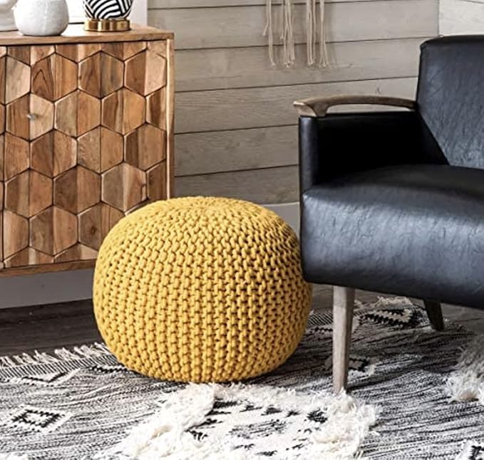 FRELISH DECOR Round Pouf Ottoman Hand Knitted 100% Cotton Pouf Foot Stool - Knitted Bean Bag - Floor Chair for Living Room Bedroom - Foot Rest for Couch (20 Diameter x 14 Height) - Yellow