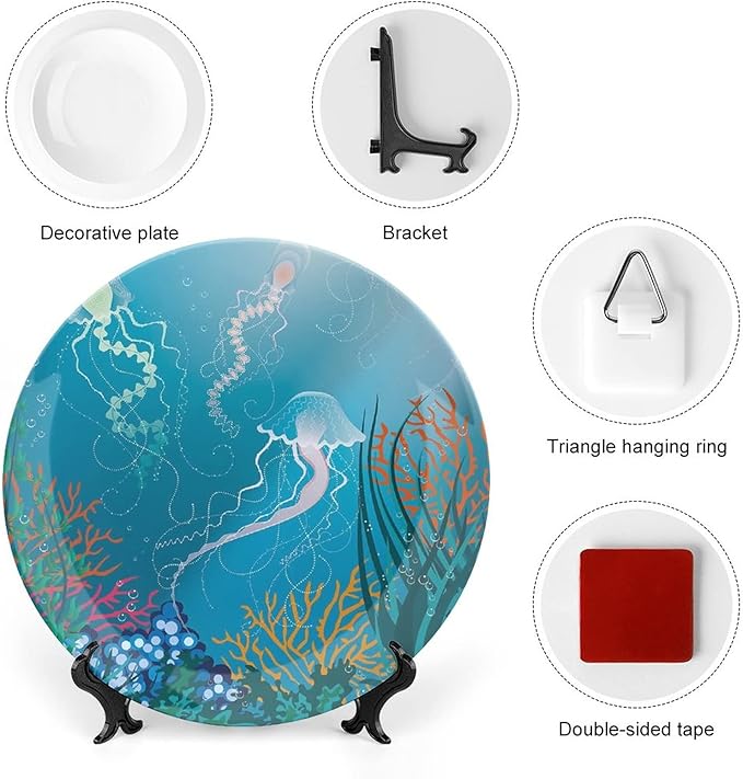 Ceramic Plates, Aquarium Decorative Ceramic Plates, Artistic Jellyfishes Swimming Under The Sea Coral, 8 Inch, for Dining, Parties, Wedding, Blue Pink Orang