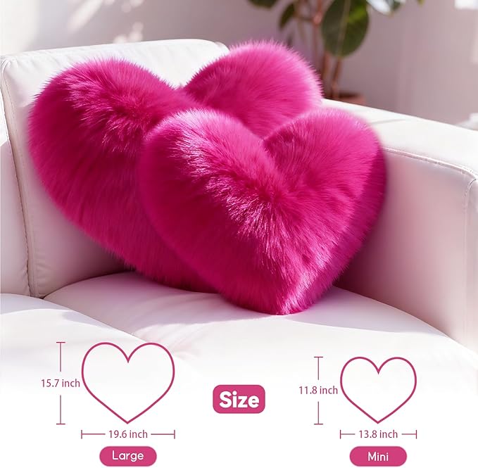 Hot Pink Heart Pillow, Faux Fox Fur Heart Decorative Pillows, Heart Shaped Throw Pillow for Bed, Soft Fluffy Decorative Cushion for Chair Sofa Living Room - Plush Pillow Home Decor