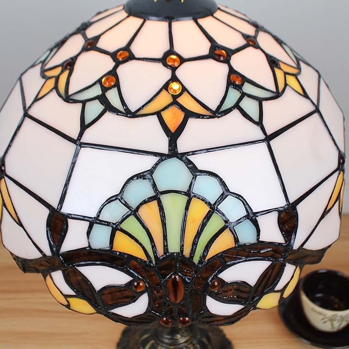 Bieye L10641 Baroque Tiffany Style Stained Glass Table Lamp Night Light with 12 inches Wide Lampshade Metal Base for Bedside Living Room Bedroom, Brown, 18-inch Tall