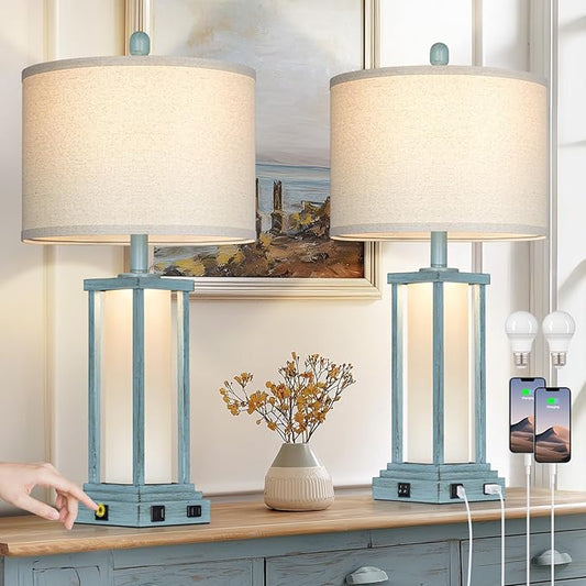 27" Tall Vintage Table Lamp Set of 2 with USB C+A & Outlet,Nightstand Lamp for Living Room,Coastal Bedside Lamps with Frosted Glass Night Light for Bedroom Entryway,Blue
