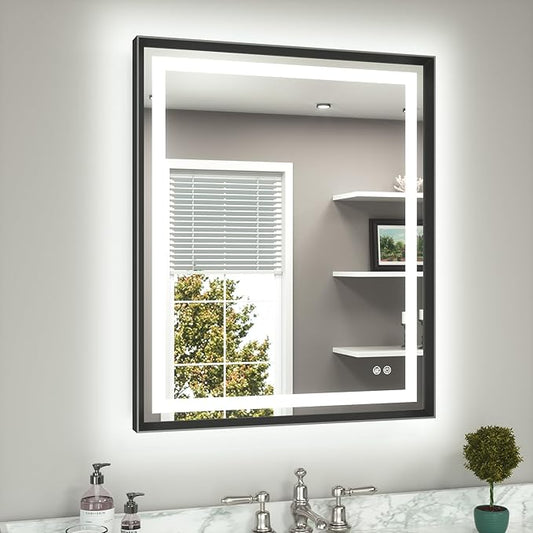 TETOTE Led Bathroom Mirror 30 x 36 with Brushed Black Frame Anti-Fog Frontlit & Backlit Vanity Mirror Stepless Dimmable Lighted Mirrors for Bathroom Wall 3 Colors White/Warm/Natural Wall-Mounted