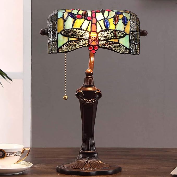 Bieye L10058 Dragonfly Tiffany Style Stained Glass Banker Table Lamp with 10-inch Wide Lampshade and Zinc Base for Reading Working Desk (Green)