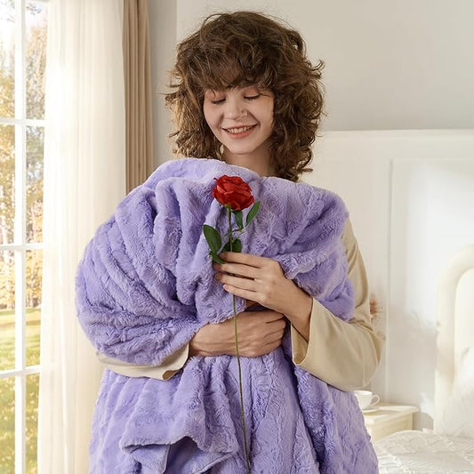 Krifey Faux Fur Throw Blanket for Bed, 3D Marble Texture Soft Throws, Cozy Fuzzy Plush Thick Warm Blanket, Christmas Birthday Gifts for her Girls Women Mom, Light Purple, 60x80in