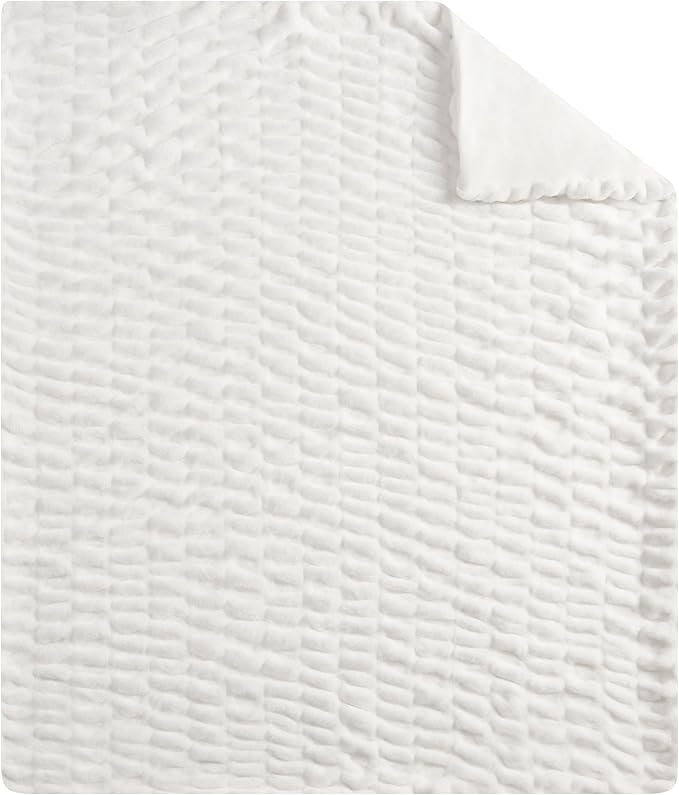 WDCOZY Ruched Faux Fur Throw Blanket Soft Cozy Fluffy Luxurious Blankets Couch Bed Sofa Chair Home Decor Warm Furry Fall Winter Plush Rabbit Fur Bubble Blanket 60" x 80", White