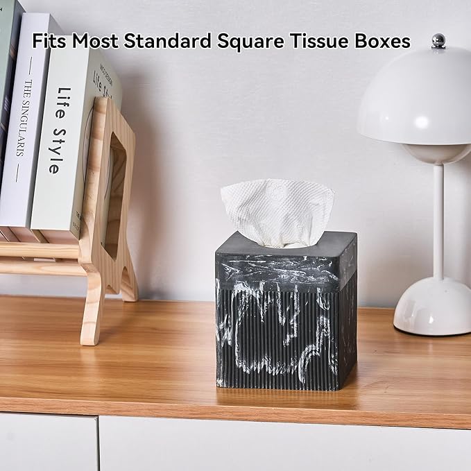Tissue Box Cover Square Resin Tissue Holder for Home Decor, Hand Poured Marble Tissue Box Holder, 5 x 5 x 5.5 inches, Black