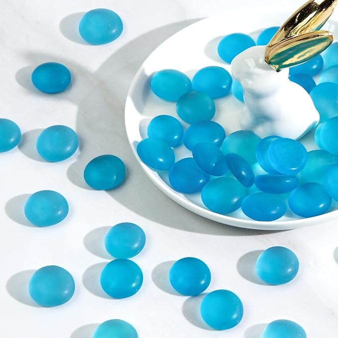 FUTUREPLUS 1LB Frosted Flat Marbles, Blue Glass Pebbles Beads Vase Fillers Decorative Fish Tank Aquarium Rocks for Centerpieces Table Decor