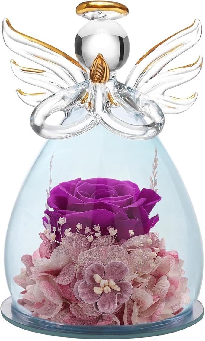 ANLUNOB Preserved Rose Birthday Gifts for Women Mom Grandma Wife, Glass Angel Figurines Gifts with Pretty Purple Flowers for Anniversary Wedding