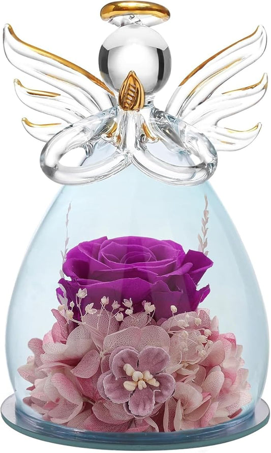 ANLUNOB Preserved Rose Birthday Gifts for Women Mom Grandma Wife, Glass Angel Figurines Gifts with Pretty Purple Flowers for Anniversary Wedding