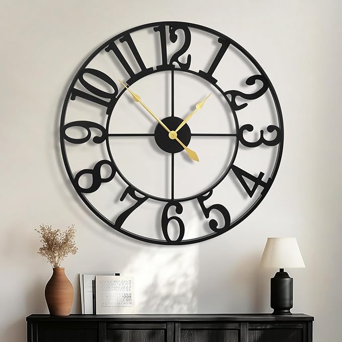 Large Wall Clocks for Living Room Decor, 24 Inch Round Black Metal Silent Non Ticking Battery Operated Jumbo Numerals Modern Vintage Decorative Clock Wall for Bedroom,Kitchen,Office,Farmhouse