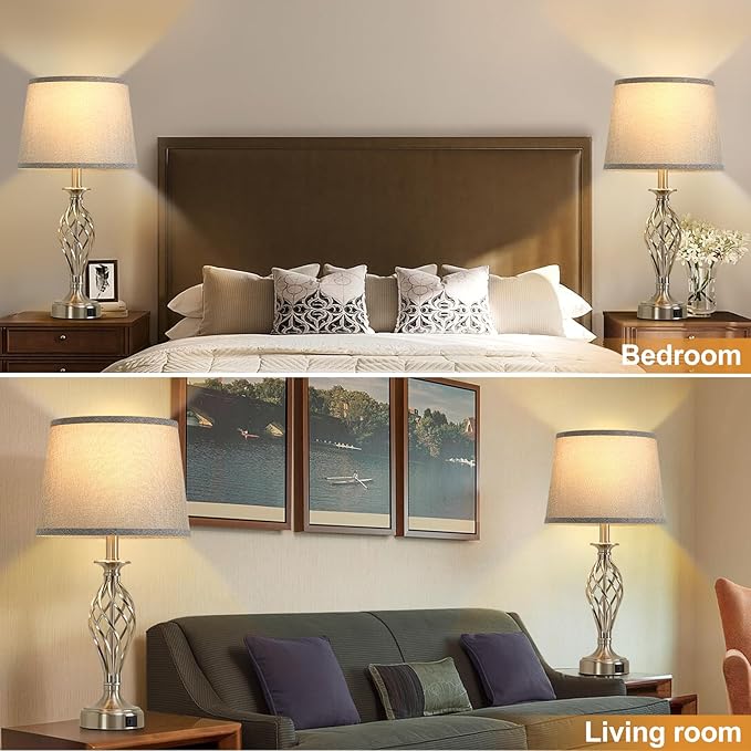 Nightstand Table Lamps for Bedrooms Set of 2 with USB C+A, Bedside Lamps with Spiral Cage Base, Tall Living Room Lamps for End Tables, Modern Night Stand Lamps for Bed Side Guest Room Bulbs Included
