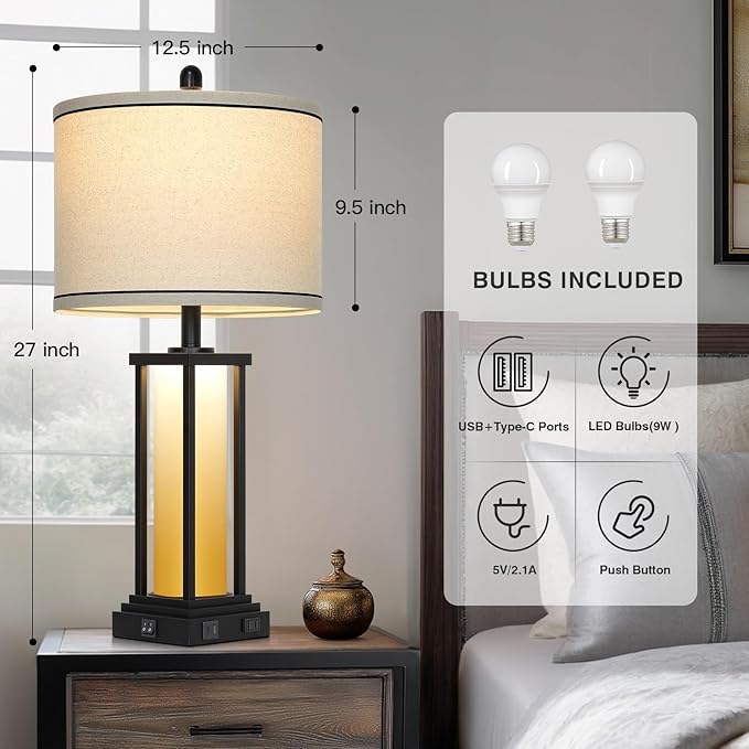 27" Tall Vintage Table Lamp Set of 2 with USB C+A & Outlet,Farmhouse Nightstand Lamp for Living Room,Rustic Retro Bedside Lamps with Red-Orange Glass Night Light for Bedroom Entryway,Black-2