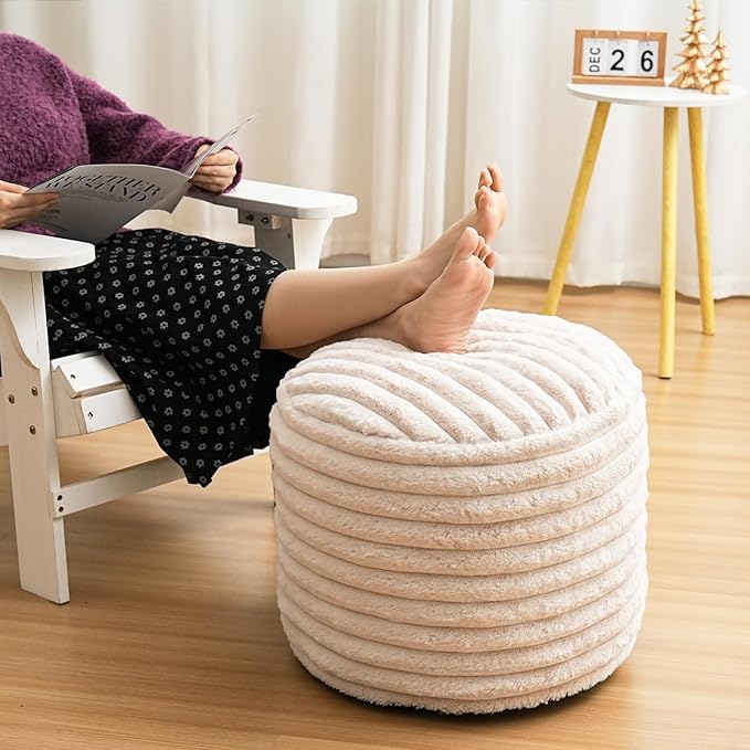Pouf Ottoman Stuffed Round for Foot Rest, Faux Fur Poufs with Foam Chunk Filling, Storage Ottoman Pouf Foot Stool Cushion, 20 X 15 Inch Floor Chair for Living Room Bedroom Home Decor, Beige
