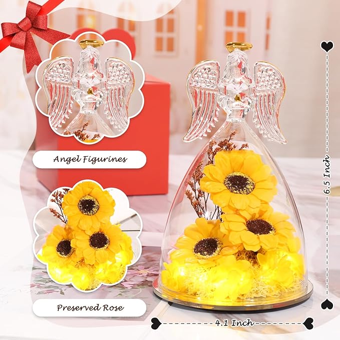 Christmas Sunflower Gifts for Women,Sunflowers Gifts for Mom Angels Figurines Sunflower Bouquet with Necklace, Light Up Sunflowers in Glass,Xmas Birthday Gifts for Her Mom Wife Girlfriend Sister