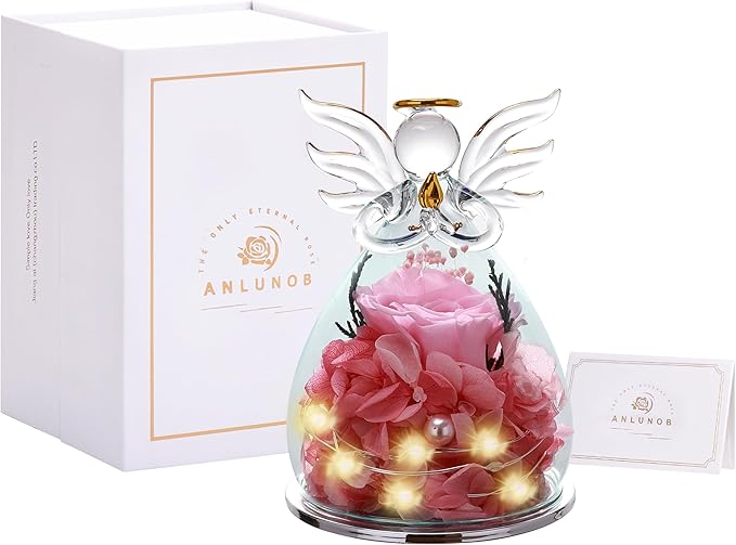 ANLUNOB Preserved Flowers Rose Birthday Gifts for Women, Angels with Pretty Pink Roses for Wedding