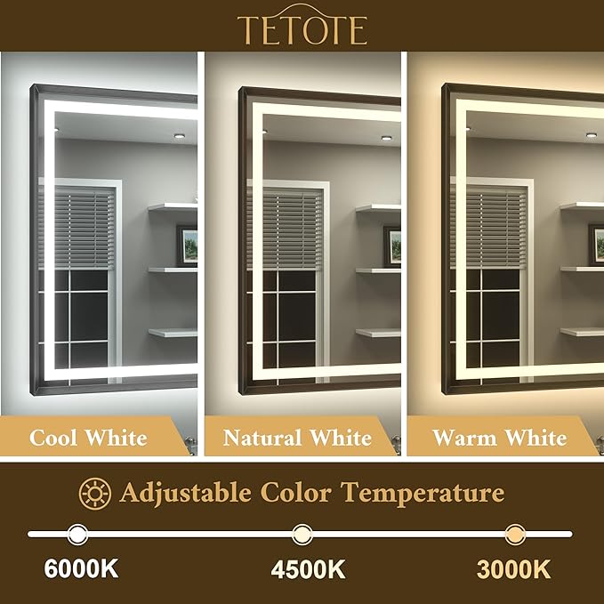 TETOTE 42 x 36 Led Mirror Brushed Black Metal Frame Frontlit & Backlit Vanity Mirror Anti-Fog Stepless Dimmable 3 Colors White/Warm/Natural Wall Mirror with Lights Wall-Mounted