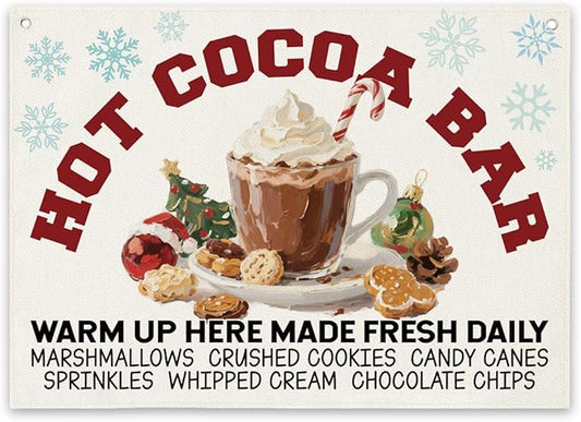 Hot Cocoa Bar Canvas Hanging Banner, Christmas Decor, coffee bar Decoration, Kitchen Wall Art, Winter Holiday Modern Farmhouse Decor, Outdoor Porch Decorate, Xmas Gifts, Housewarming Gift