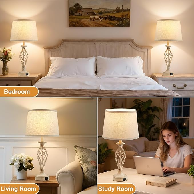 Bedside Table Lamp for Bedroom Set of 2 - Beige Nightstand Lamps with USB C+A Ports,Rustic Distressed Farmhouse Bedroom Lamp - Lamp for Living Room Reading Bed Side End Table Bulbs Included