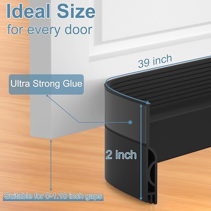 Door Draft Stopper, Adjustable Door Sweep for Bottom of Door, Under Door Gap Filler for Exterior & Interior Doors, Door Weather Stripping Blocks Noise and Cold Air (39Inch, Black)